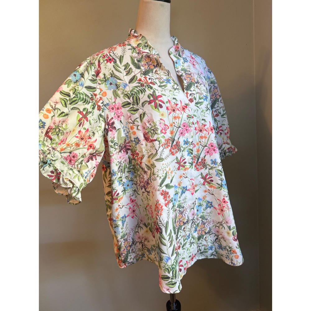 Floral Ruffle Button Blouse White Multi 2X Short Sleeve cottage colorful fairy